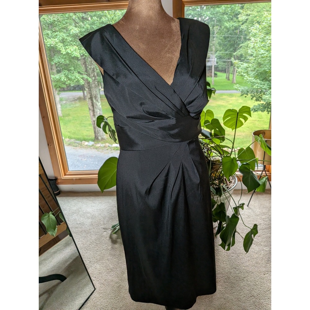 White House Black Market Black Satin V-Neck Pleated Sheath Cocktail Dress 4